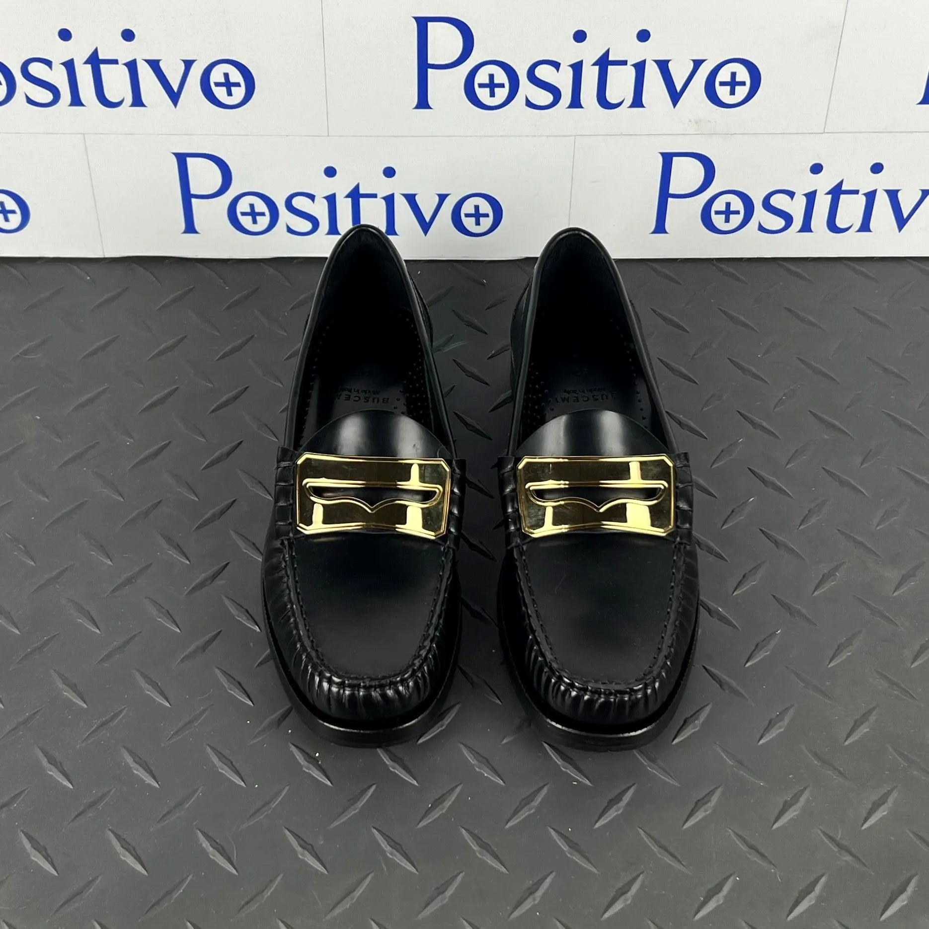 Buscemi Women's Town Loafer Black/Gold Leather Loafers SAMPLE