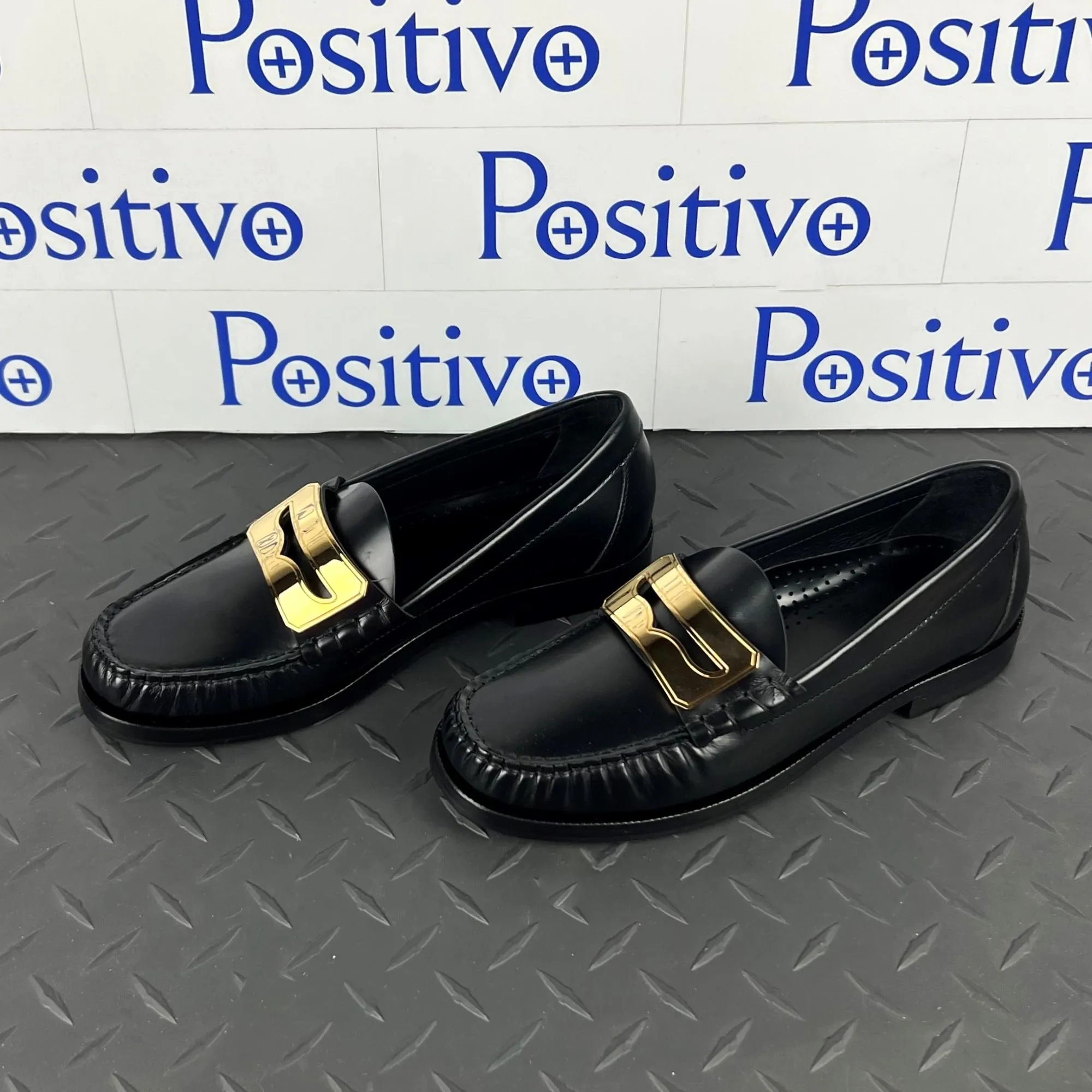 Buscemi Women's Town Loafer Black/Gold Leather Loafers SAMPLE