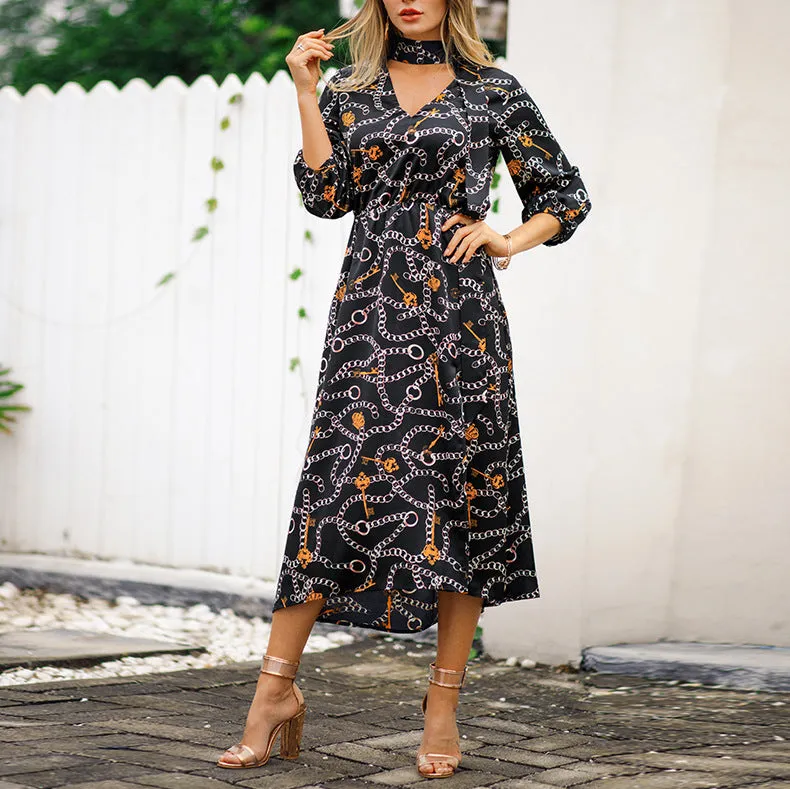 Chain Print Split Sexy Women Long Maxi Dress