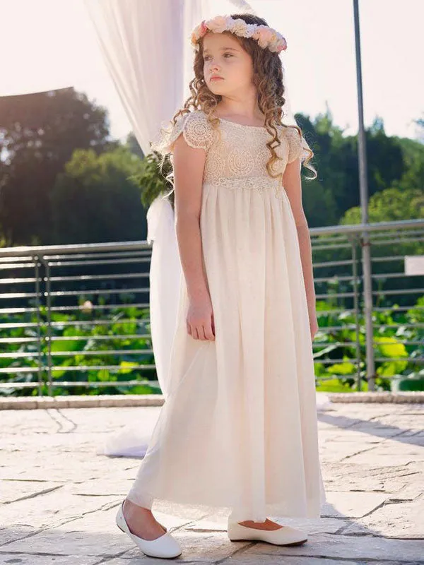 Champagne Jewel Neck Short Sleeves Lace Formal Kids Pageant flower girl dresses
