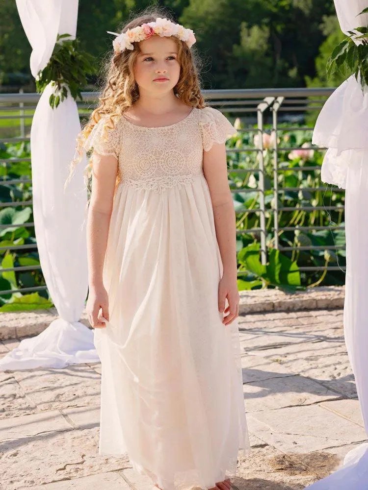 Champagne Jewel Neck Short Sleeves Lace Formal Kids Pageant flower girl dresses