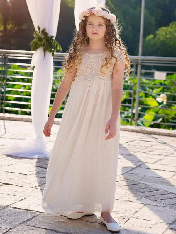 Champagne Jewel Neck Short Sleeves Lace Formal Kids Pageant flower girl dresses