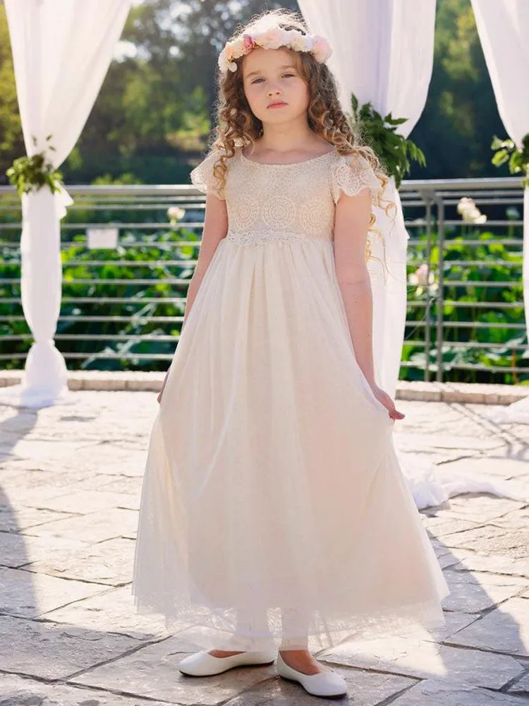 Champagne Jewel Neck Short Sleeves Lace Formal Kids Pageant flower girl dresses