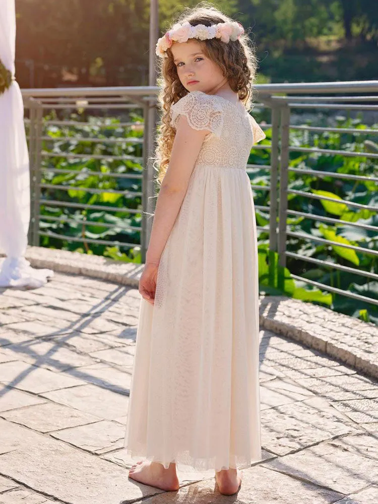 Champagne Jewel Neck Short Sleeves Lace Formal Kids Pageant flower girl dresses