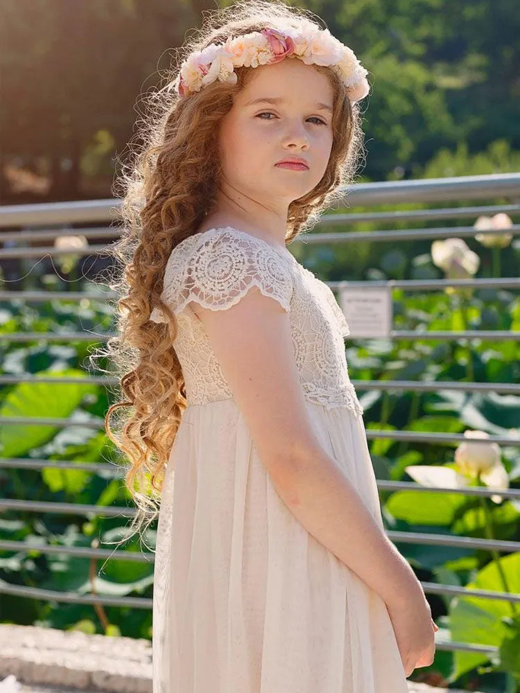 Champagne Jewel Neck Short Sleeves Lace Formal Kids Pageant flower girl dresses