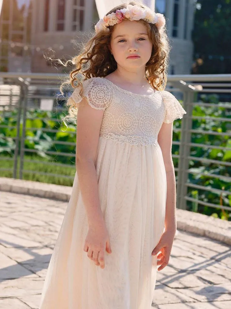 Champagne Jewel Neck Short Sleeves Lace Formal Kids Pageant flower girl dresses