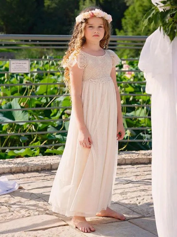 Champagne Jewel Neck Short Sleeves Lace Formal Kids Pageant flower girl dresses
