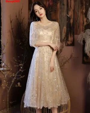 Champagne Sequin A-Line Prom Dress