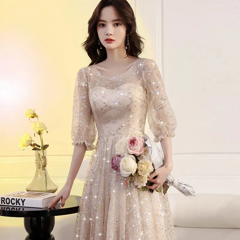 Champagne Sequin A-Line Prom Dress