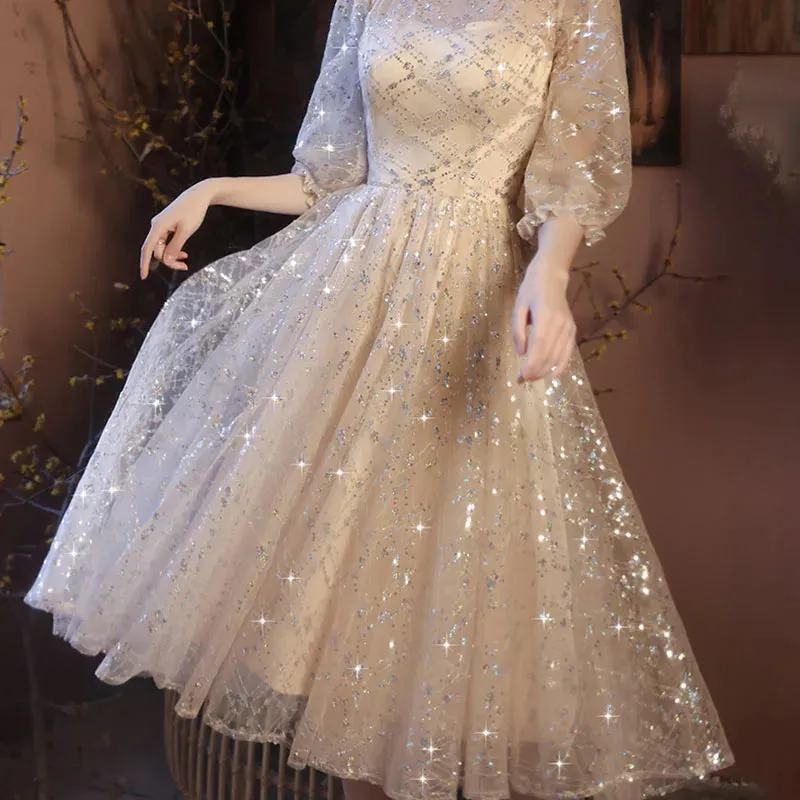 Champagne Sequin A-Line Prom Dress