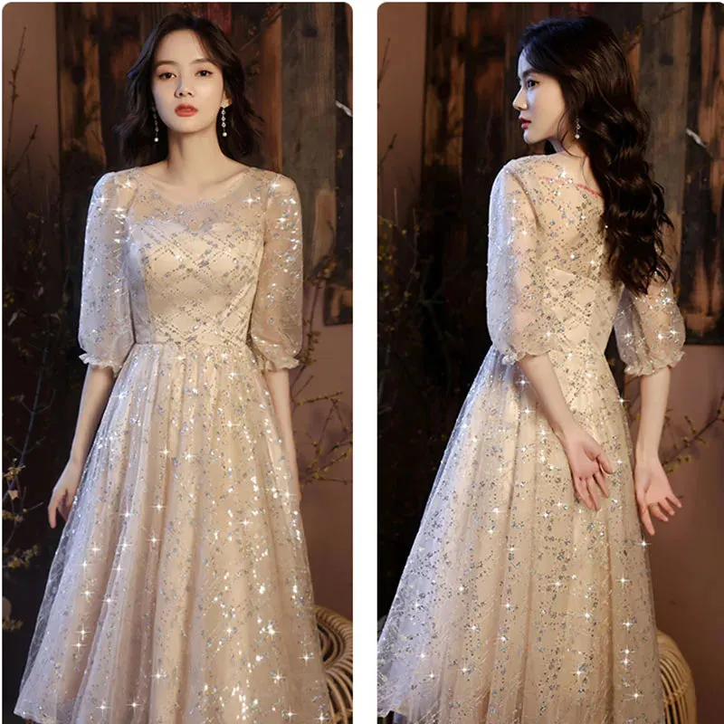 Champagne Sequin A-Line Prom Dress