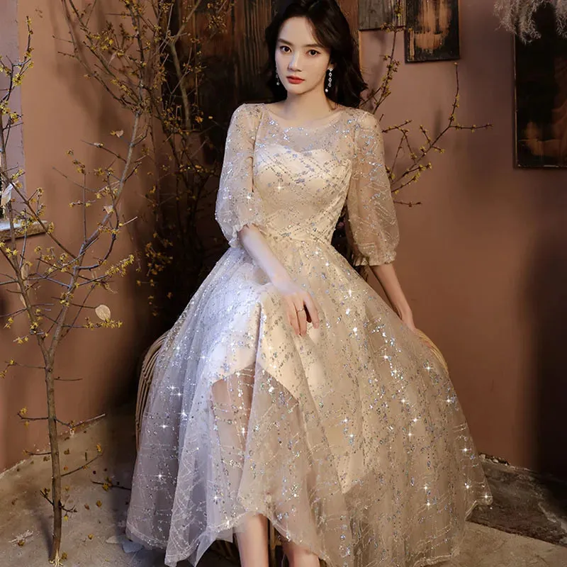 Champagne Sequin A-Line Prom Dress