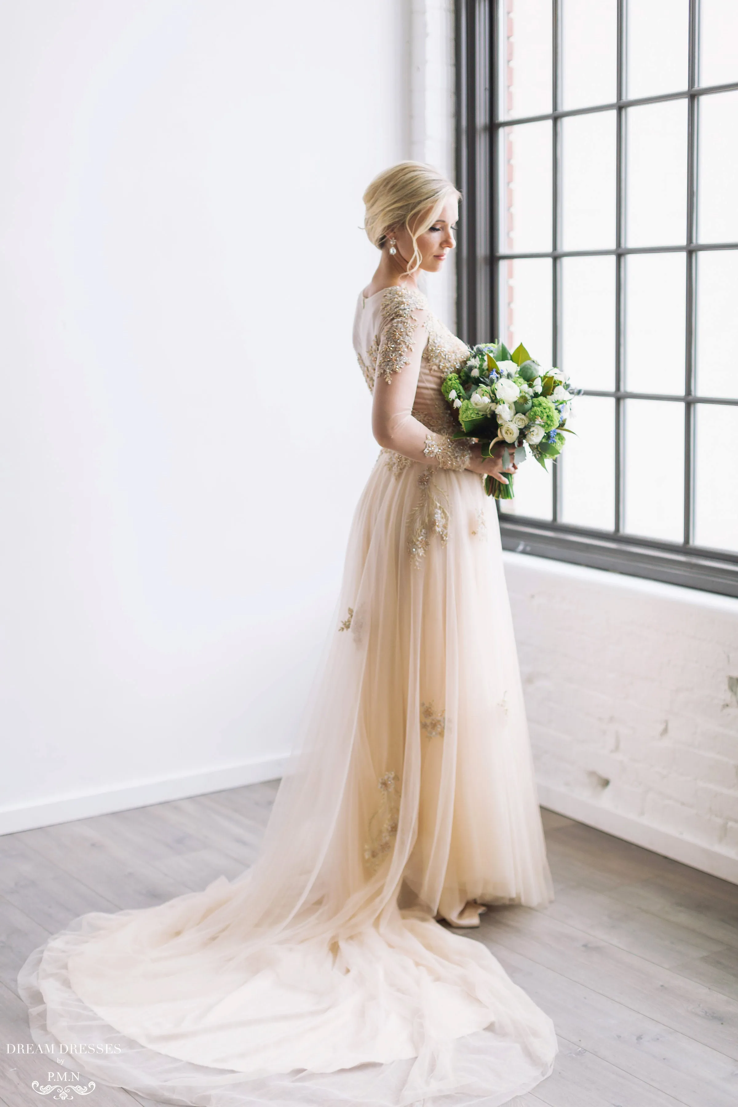 Champagne/Gold Long Sleeve Princess A-Line Gown (# ARIEL)