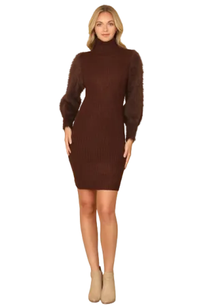 Chocolate Turtle Neck Faux Fur Long Sleeve Bodycon Dress - Pack of 6