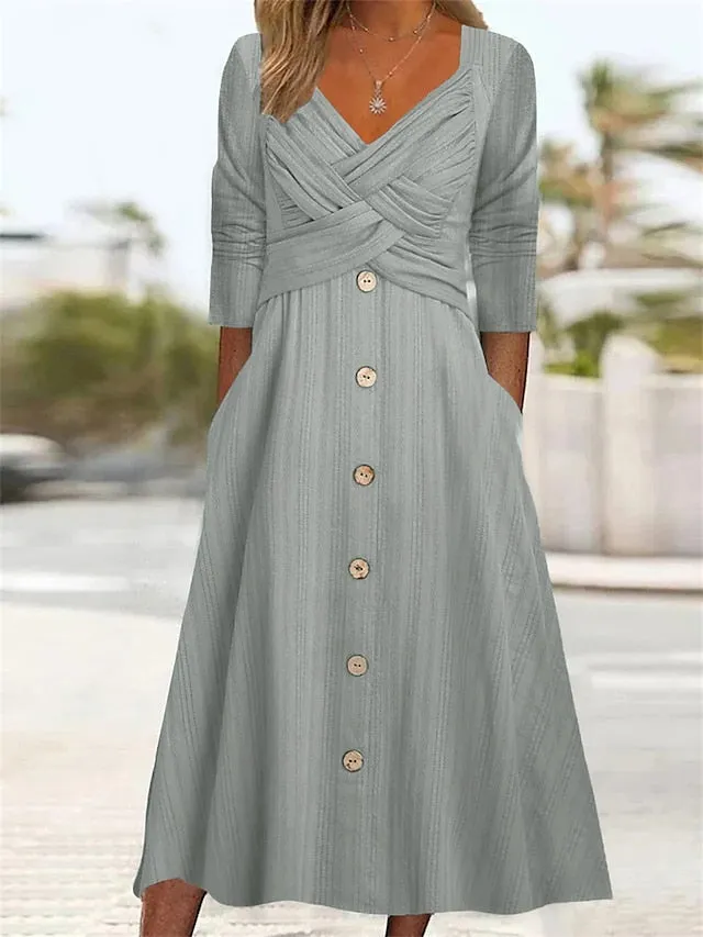 CityHottie - Women's Casual Dress Summer Dress Pleated Dress Plain Ruched Button V Neck Midi Dress Fashion Mature Outdoor Street Half Sleeve Loose Fit White Purple Green Summer Spring S M L XL XXL