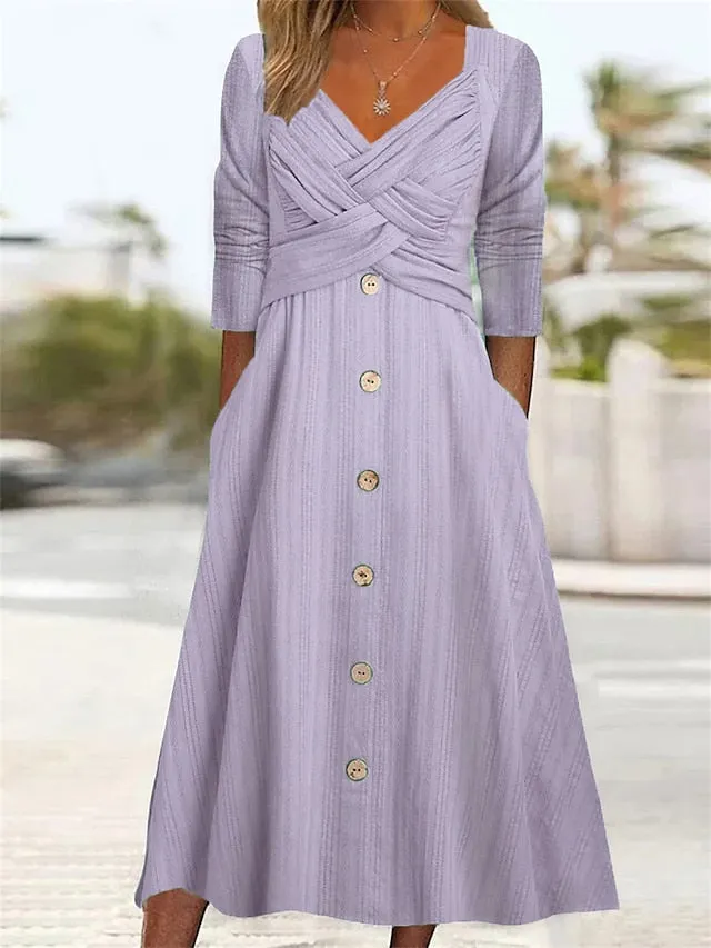 CityHottie - Women's Casual Dress Summer Dress Pleated Dress Plain Ruched Button V Neck Midi Dress Fashion Mature Outdoor Street Half Sleeve Loose Fit White Purple Green Summer Spring S M L XL XXL