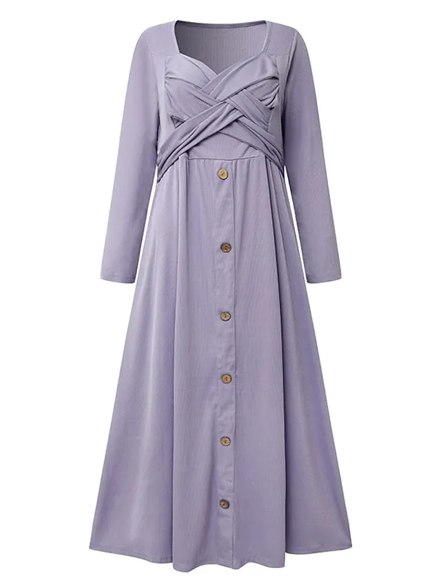 CityHottie - Women's Casual Dress Summer Dress Pleated Dress Plain Ruched Button V Neck Midi Dress Fashion Mature Outdoor Street Half Sleeve Loose Fit White Purple Green Summer Spring S M L XL XXL