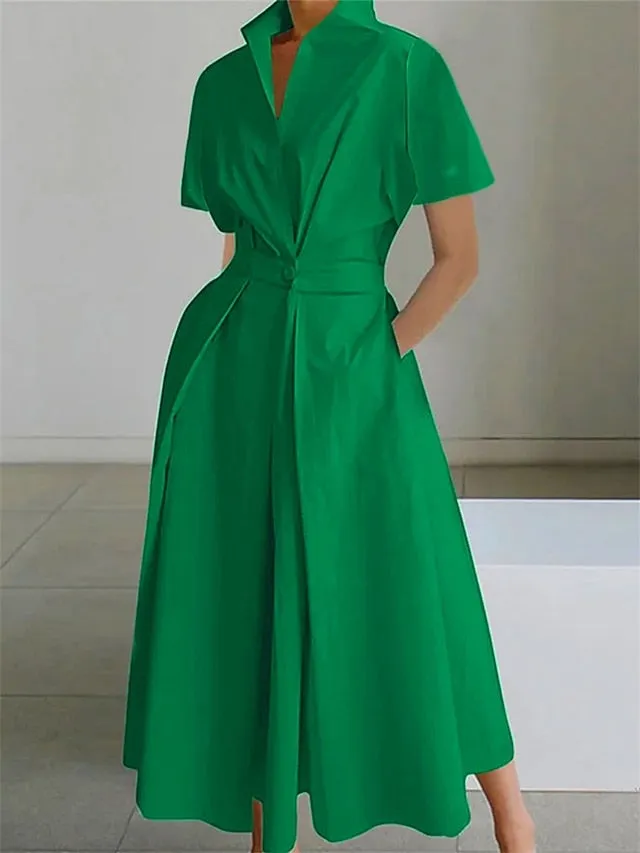 CityHottie - Women's Shirt Dress Casual Dress Swing Dress Midi Dress Outdoor Daily Vacation Polyester Fashion Modern Split Neck Button Pocket Short Sleeve Summer Spring 2024 Regular Fit White Green Plain S M L XL