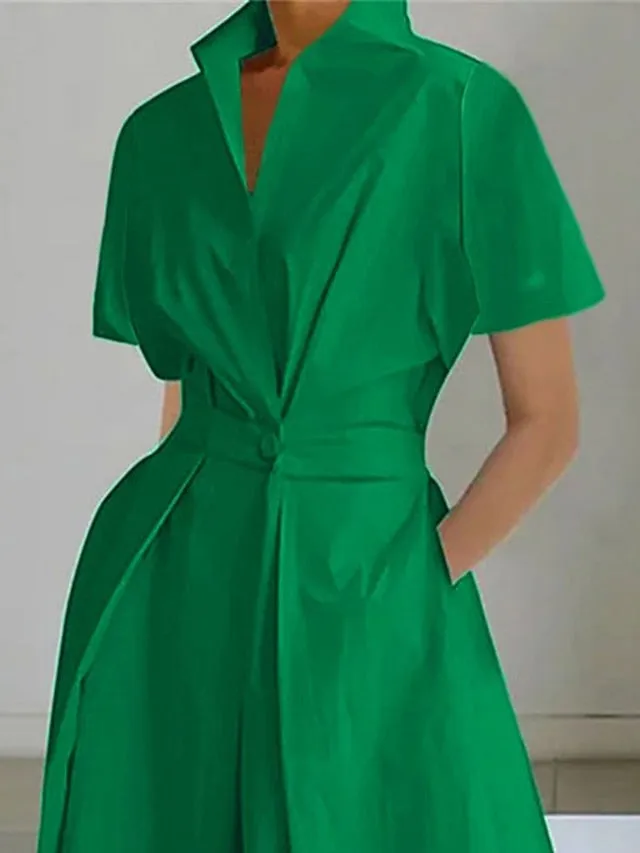 CityHottie - Women's Shirt Dress Casual Dress Swing Dress Midi Dress Outdoor Daily Vacation Polyester Fashion Modern Split Neck Button Pocket Short Sleeve Summer Spring 2024 Regular Fit White Green Plain S M L XL