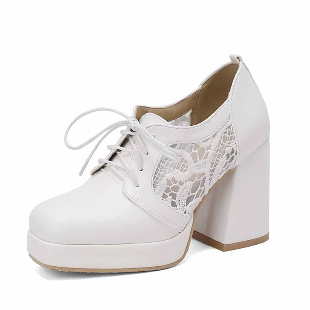 Classic Lace Up Platform Mid-Heel Square Toe Chunky Shoes