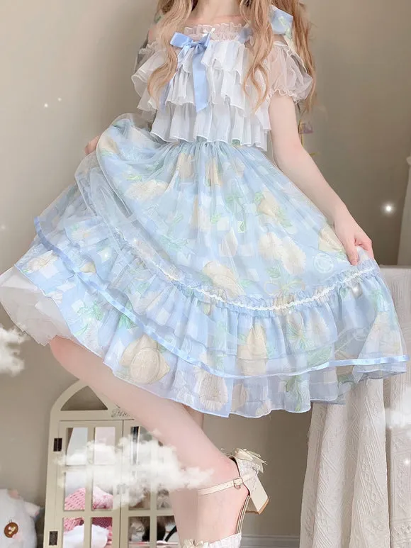 Classical Lolita Dress Blue Ruffled Lolita Dress Floral Print Bow Accents Jumper