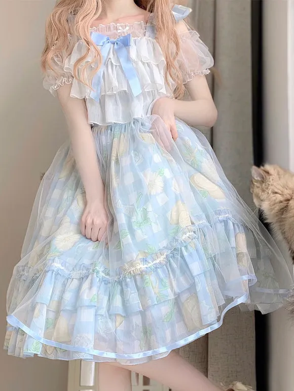Classical Lolita Dress Blue Ruffled Lolita Dress Floral Print Bow Accents Jumper