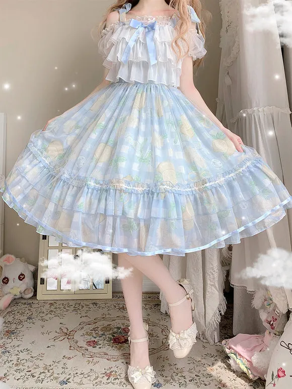 Classical Lolita Dress Blue Ruffled Lolita Dress Floral Print Bow Accents Jumper