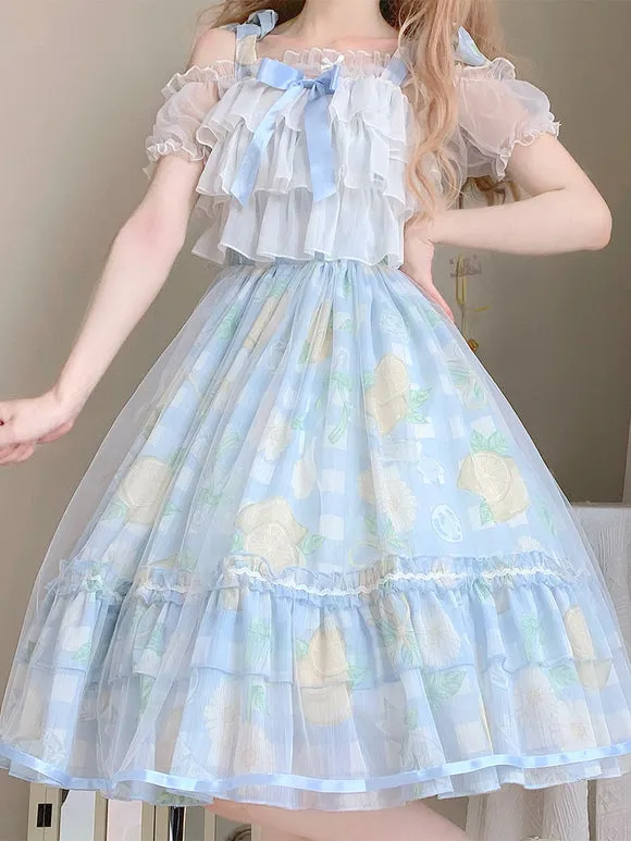 Classical Lolita Dress Blue Ruffled Lolita Dress Floral Print Bow Accents Jumper