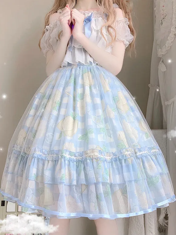 Classical Lolita Dress Blue Ruffled Lolita Dress Floral Print Bow Accents Jumper
