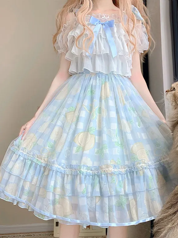 Classical Lolita Dress Blue Ruffled Lolita Dress Floral Print Bow Accents Jumper