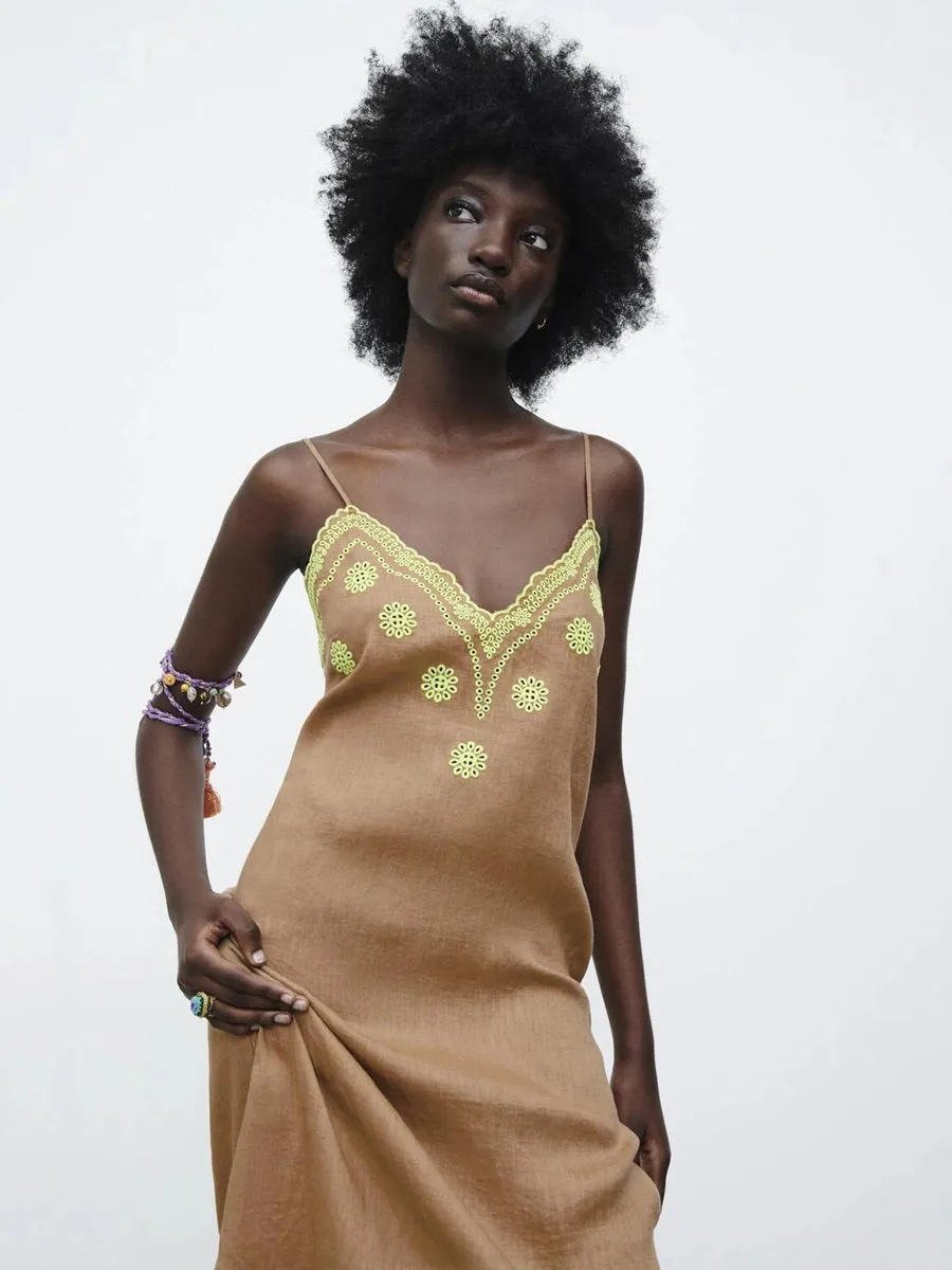 CM-D081826 Women Casual Seoul Style V-Neck Embroidery Sleeveless Maxi Dress - Brown