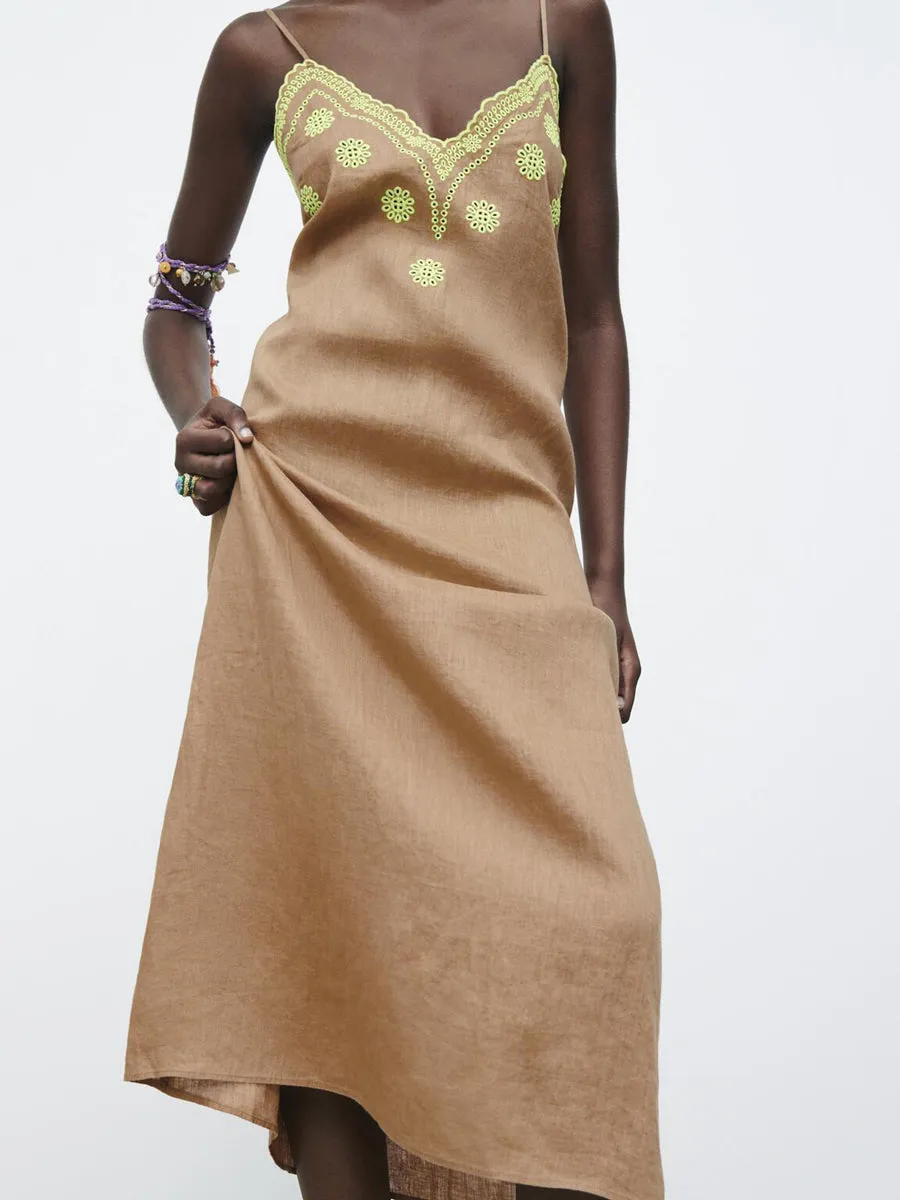 CM-D081826 Women Casual Seoul Style V-Neck Embroidery Sleeveless Maxi Dress - Brown