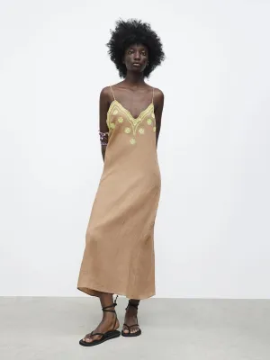 CM-D081826 Women Casual Seoul Style V-Neck Embroidery Sleeveless Maxi Dress - Brown