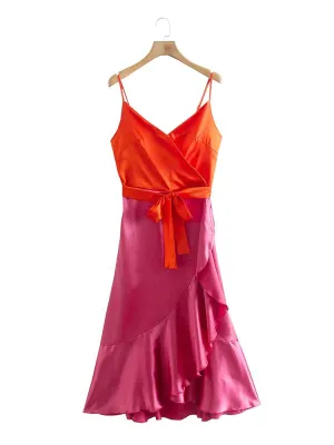 CM-D122256 Women Elegant European Style Contrast Color Patchwork Ruffle Sleeveless Dress