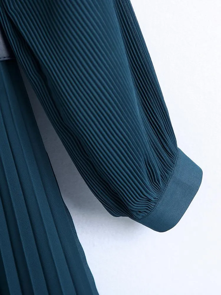 CM-D122345 Women Casual European Style Loose Pleated Long Sleeve Maxi Dress