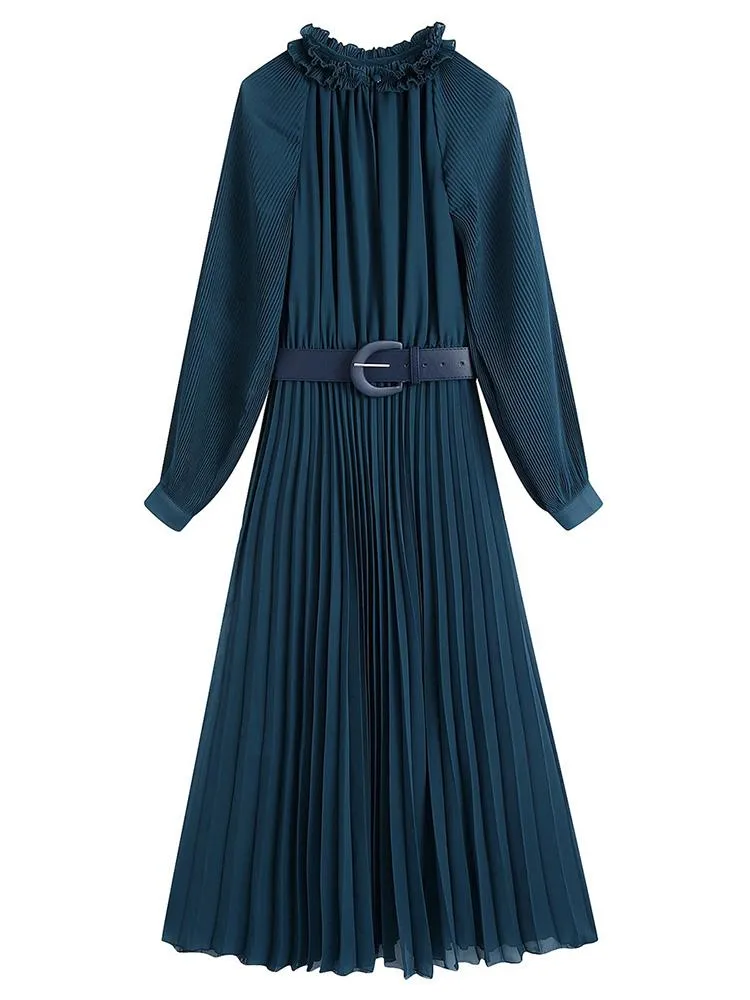 CM-D122345 Women Casual European Style Loose Pleated Long Sleeve Maxi Dress
