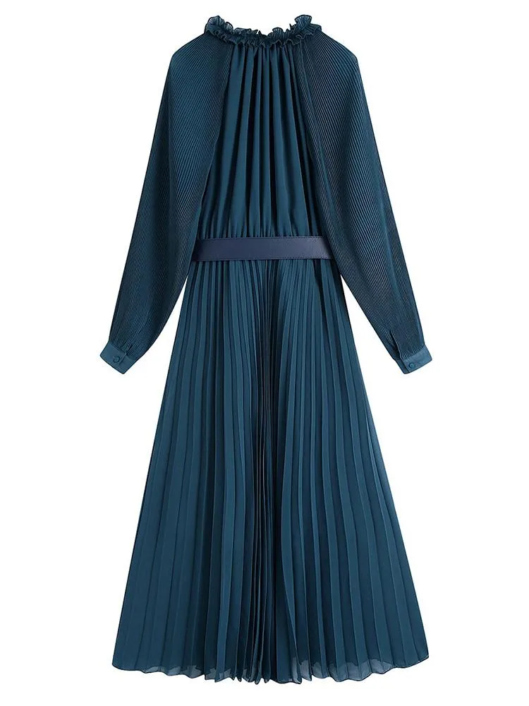 CM-D122345 Women Casual European Style Loose Pleated Long Sleeve Maxi Dress