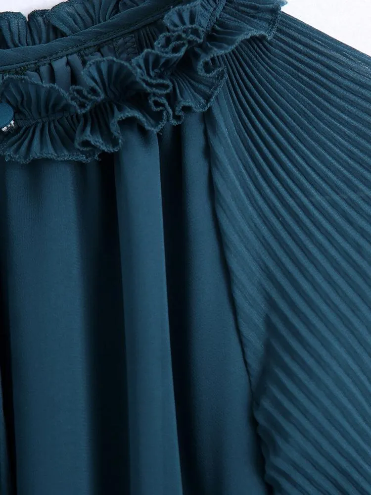 CM-D122345 Women Casual European Style Loose Pleated Long Sleeve Maxi Dress