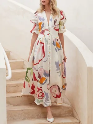 CM-DS026083 Women Trendy Bohemian Style Floral Print Loose Short Sleeve V-Neck Dress - White