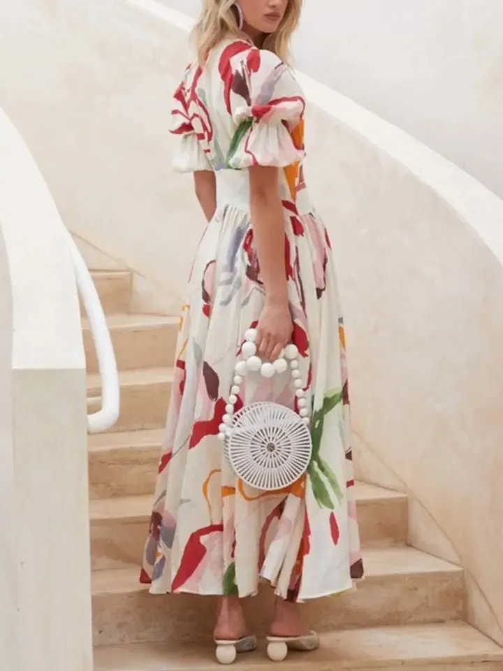 CM-DS026083 Women Trendy Bohemian Style Floral Print Loose Short Sleeve V-Neck Dress - White