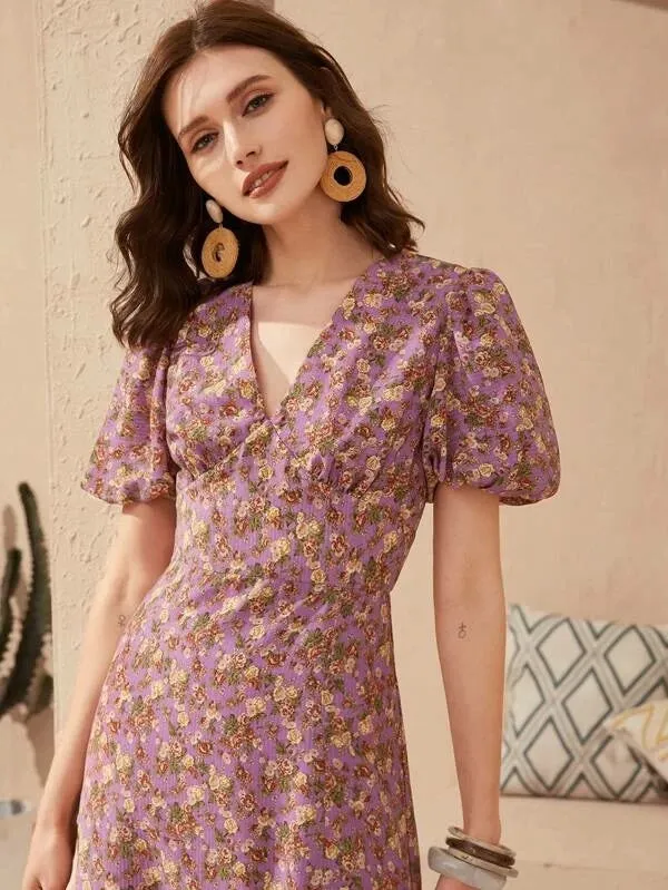 CM-DS103139 Women Trendy Bohemian Style Puff Sleeve Split Thigh Floral Print Dress