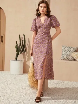 CM-DS103139 Women Trendy Bohemian Style Puff Sleeve Split Thigh Floral Print Dress