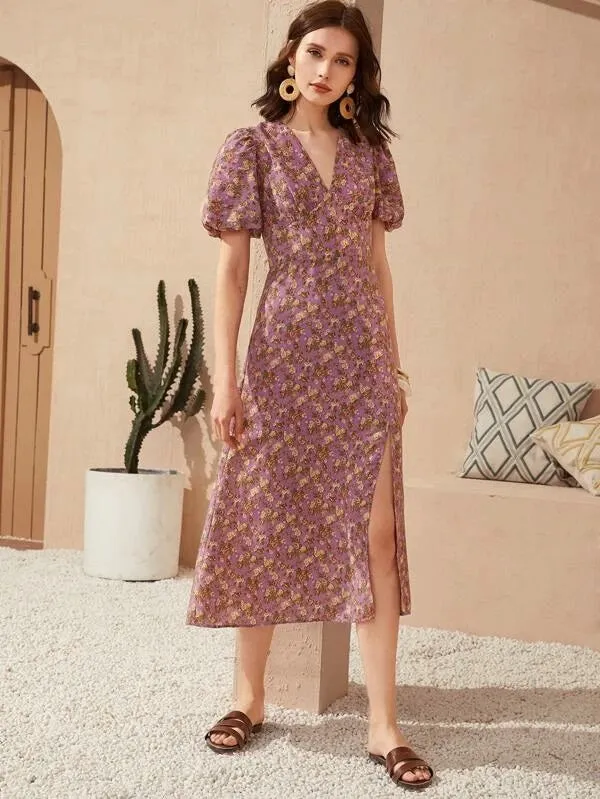 CM-DS103139 Women Trendy Bohemian Style Puff Sleeve Split Thigh Floral Print Dress