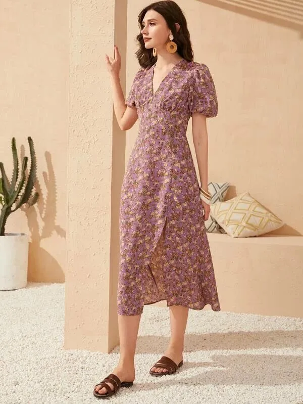 CM-DS103139 Women Trendy Bohemian Style Puff Sleeve Split Thigh Floral Print Dress