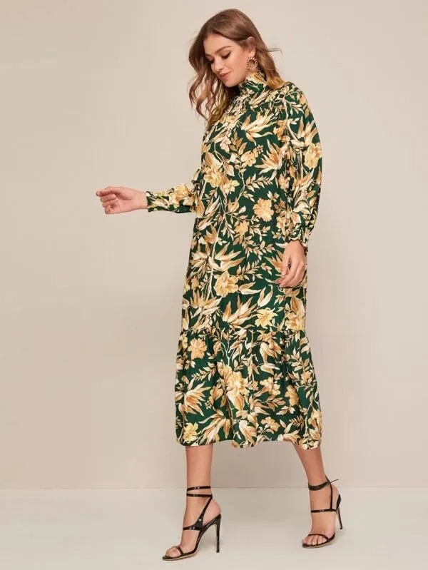 CM-DS106262 Women Casual Seoul Style Long Sleeve Floral Print Shirred Frill Ruffle Hem Dress