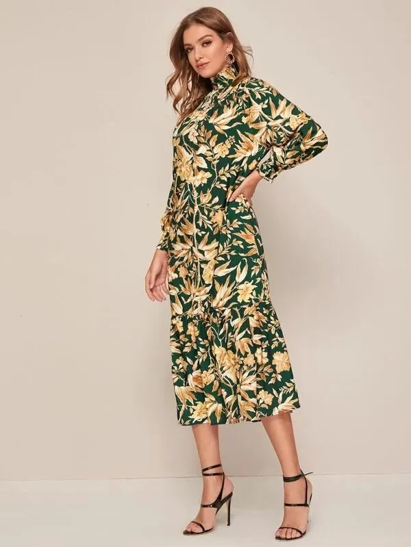 CM-DS106262 Women Casual Seoul Style Long Sleeve Floral Print Shirred Frill Ruffle Hem Dress