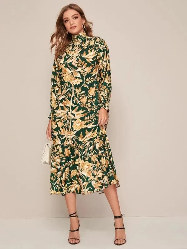 CM-DS106262 Women Casual Seoul Style Long Sleeve Floral Print Shirred Frill Ruffle Hem Dress