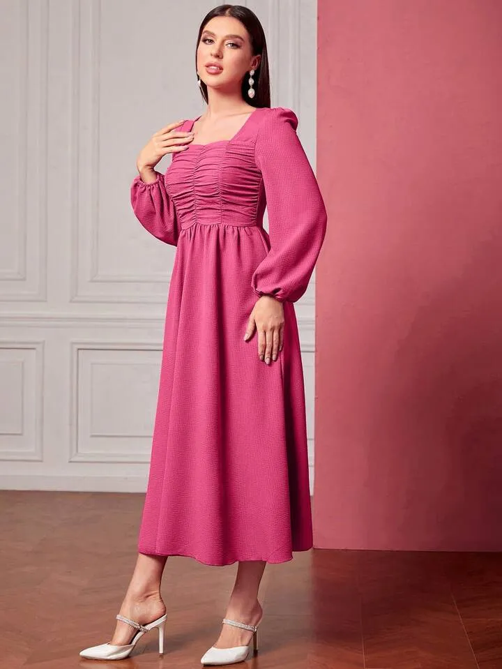 CM-DS108055 Women Casual Seoul Style Square-Neck Pleated Long-Sleeved Dress - Hot Pink