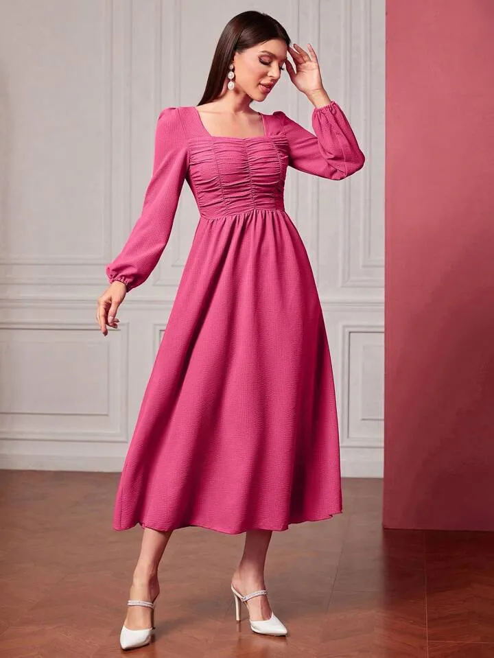 CM-DS108055 Women Casual Seoul Style Square-Neck Pleated Long-Sleeved Dress - Hot Pink
