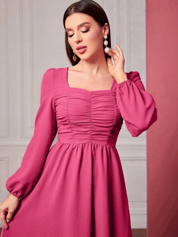 CM-DS108055 Women Casual Seoul Style Square-Neck Pleated Long-Sleeved Dress - Hot Pink